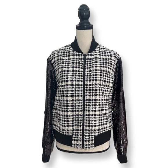 Alice + Olivia black white tweed sequin sleeves jacket size M